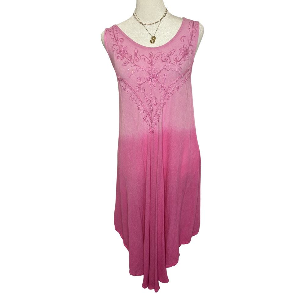 Pink Ombré Embroidered Midi Dress Y2K Festival Free Size Boho Summer